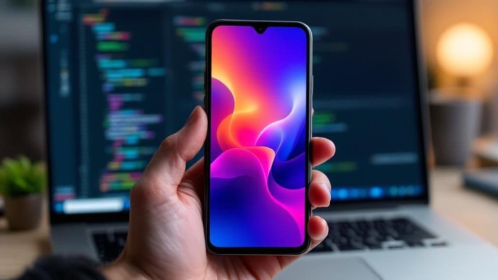 Développeur tenant smartphone avec interface colorée gradient devant écran code React Native
