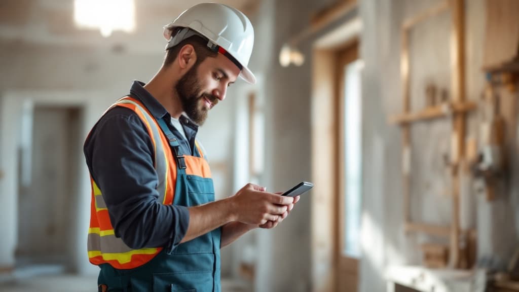 Artisan du bâtiment consultant le site internet de son entreprise sur un chantier