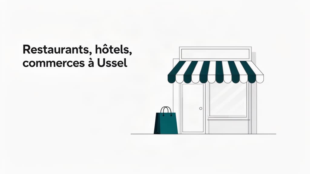 Rue pittoresque d'Ussel avec restaurants, hôtels et commerces traditionnels en façades médiévales