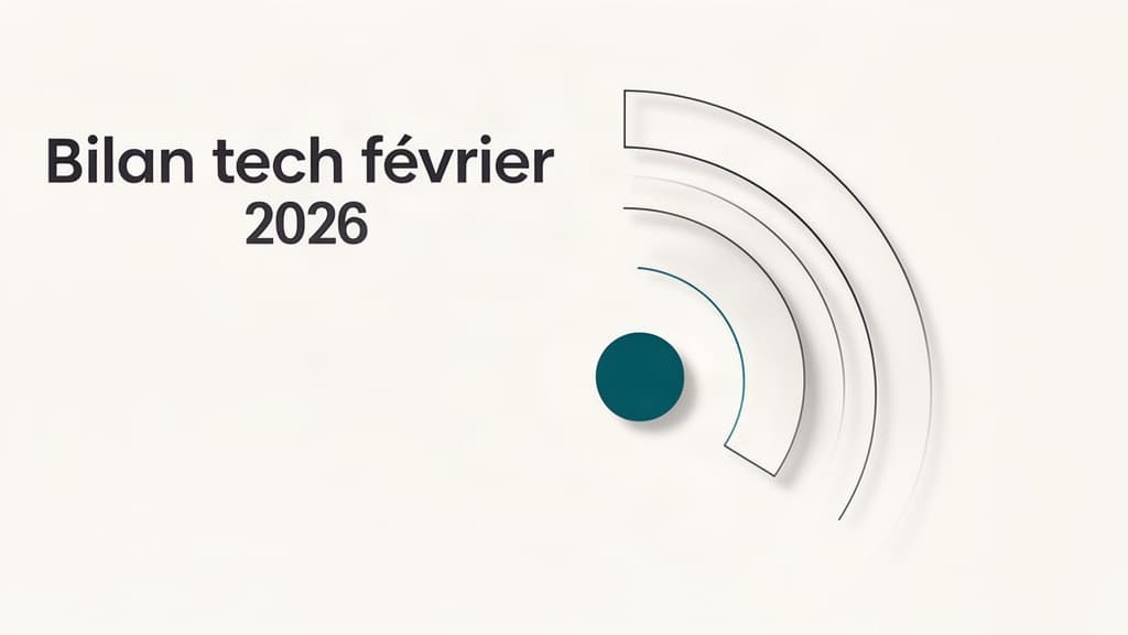 Interface numérique futuriste avec logo IA central et icônes technologiques février 2028