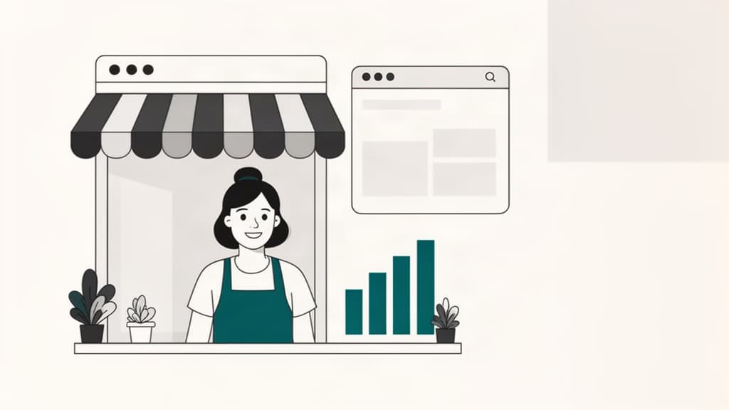 Une commerçante devant sa vitrine, son site web à côté d'elle et la fréquentation qui progresse